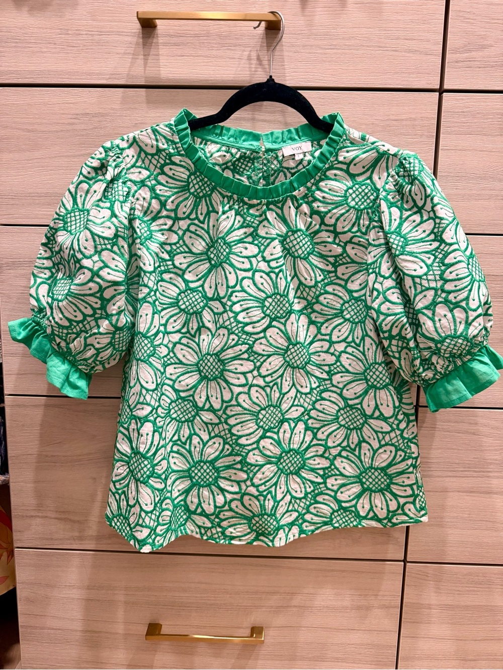 Boutique Voy Green Embroidered Floral Puff-Sleeve Women's Top Sz S
